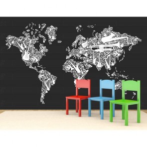 Weltkarte Auf Musikinstrumenten  Fototapete 3D - Geklebte