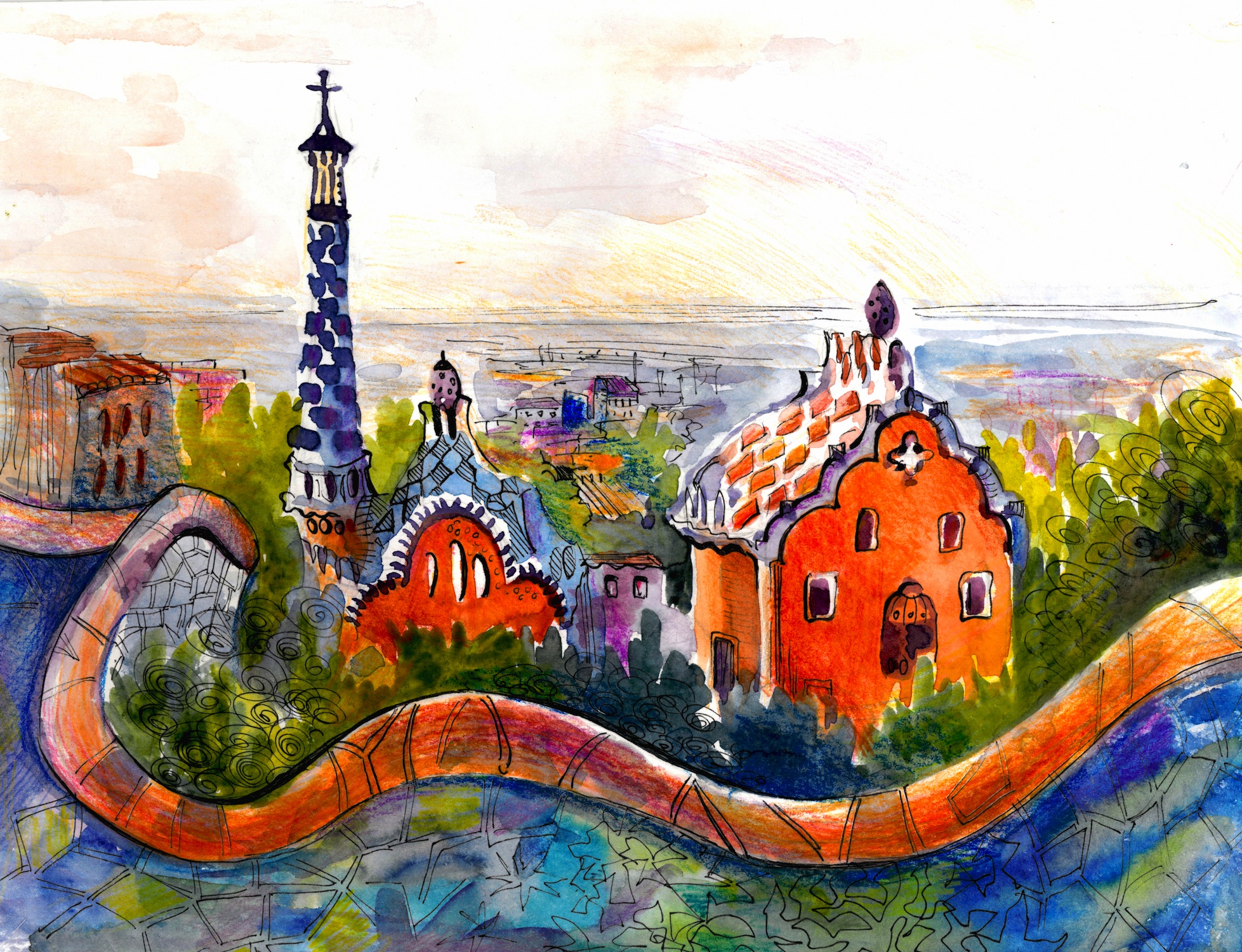 Park Guell In Barcelona Gemälde Tapete