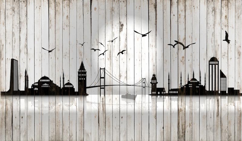 Istanbul Skyline auf der Holzwand Fototapete wallpaper mural