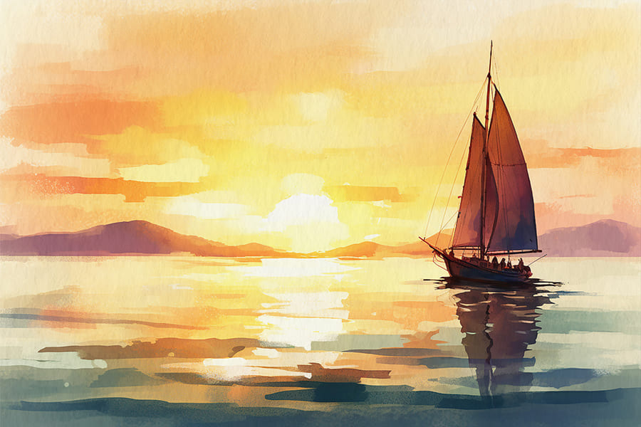Aquarell Segelboot Sonnenuntergang Fototapete wallpaper mural