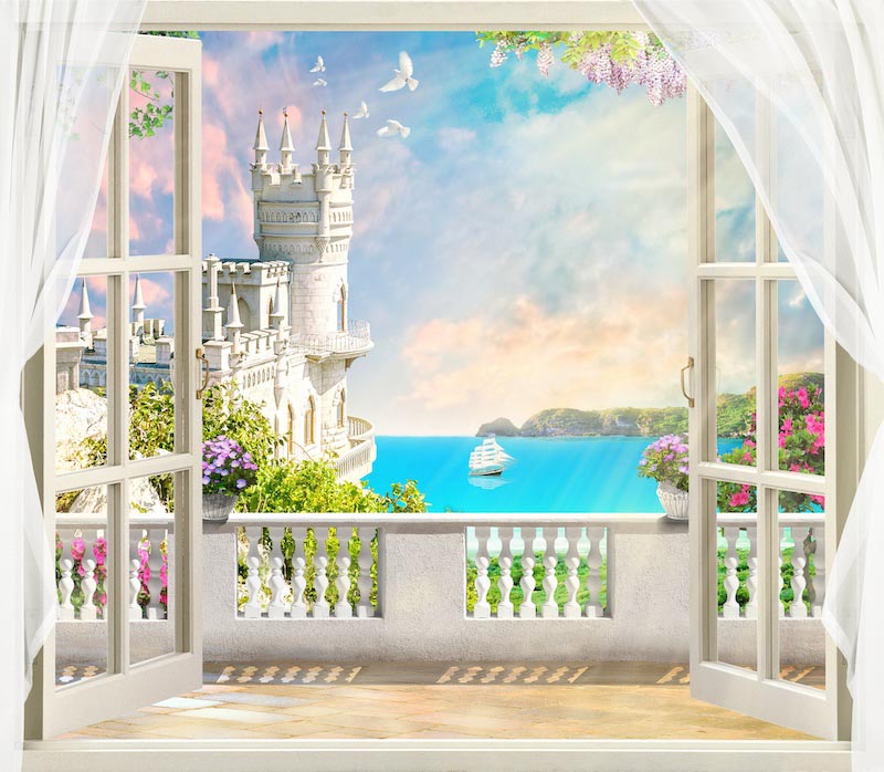 Märchenschloss am Fenster Fototapete wallpaper mural
