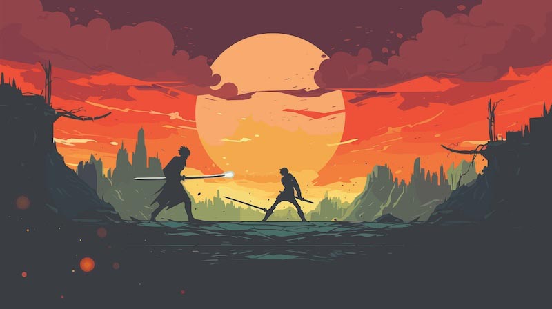 Samurai-Duell bei Sonnenaufgang Fototapete wallpaper mural