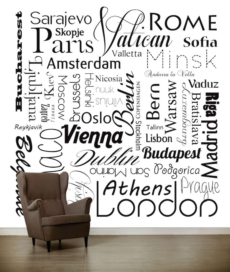 Black and white city names - Photo wallpaper decor applied
