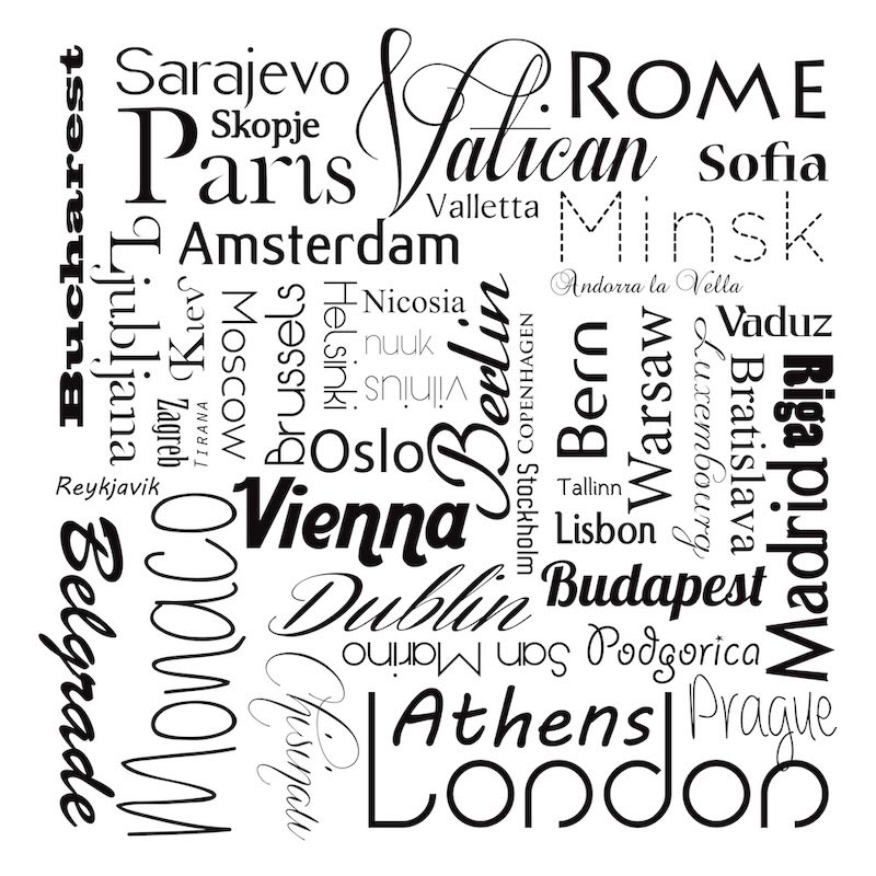 Black and white city names - Photo wallpaper decor