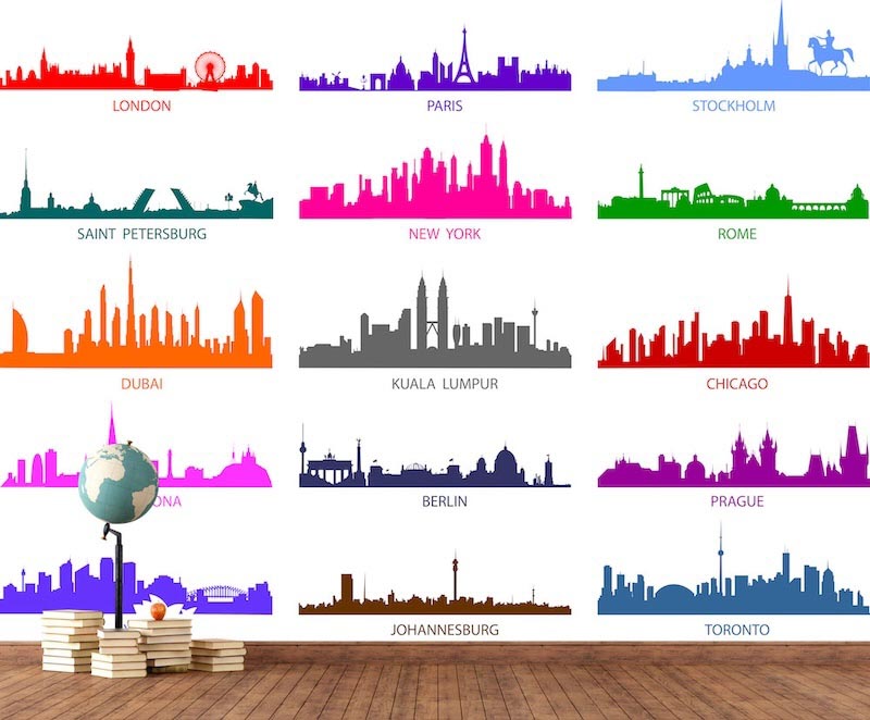 Silhouettes of colored cities of the world - Mural wallpaper applied