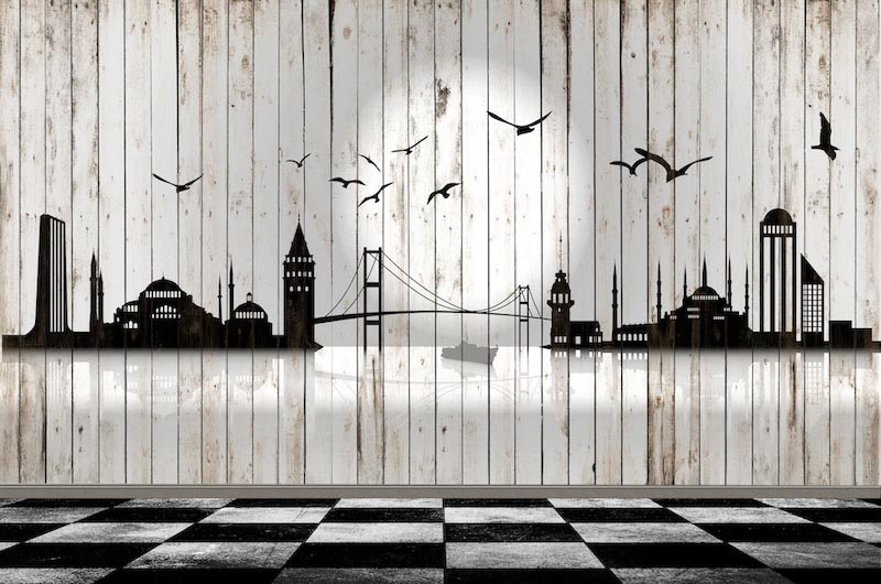 Istanbul Skyline auf der Holzwand Tapete | 3DFototapete - 2