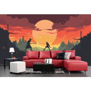 Samurai-Duell bei Sonnenaufgang Fototapete