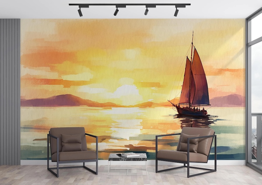 Aquarell Segelboot Sonnenuntergang Tapete - 2