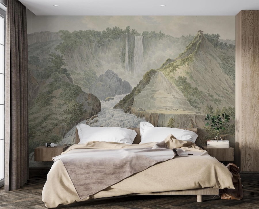 Vintage Berglandschaft mit Wasserfall Tapete - 2