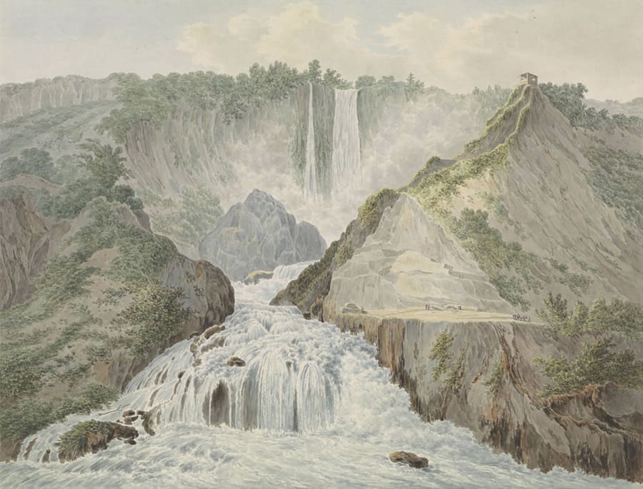 Vintage Berglandschaft mit Wasserfall Tapete