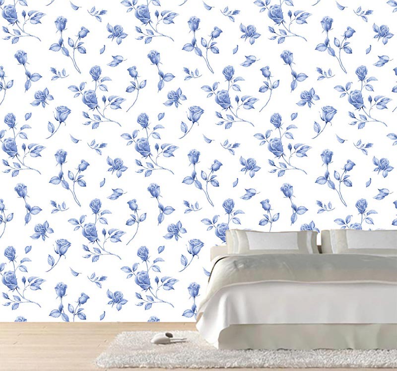 Blaue Blumenmuster Tapete | 3DFototapete - 2