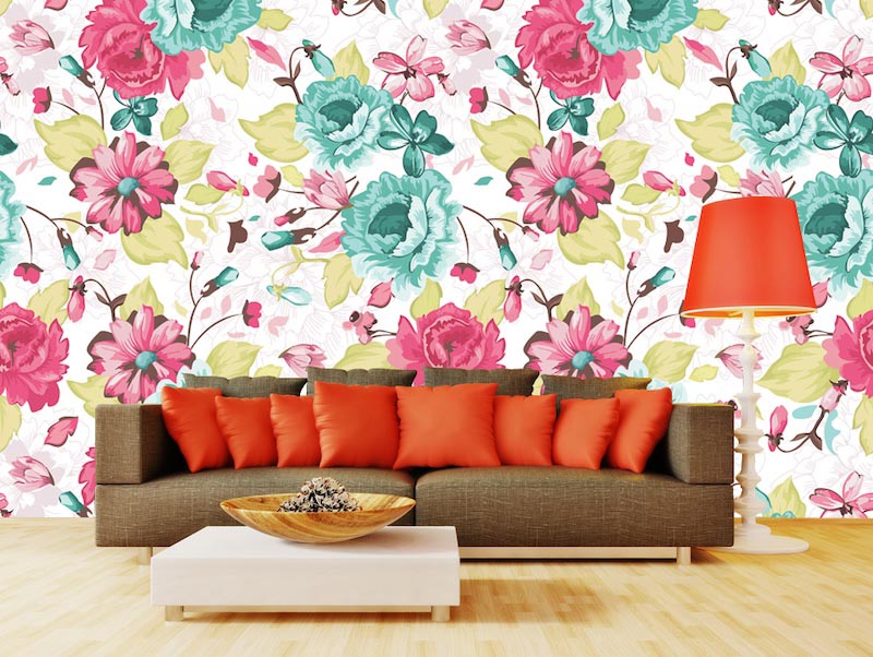 Türkisene und pinke Blumenmuster Tapete | 3DFototapete - 2