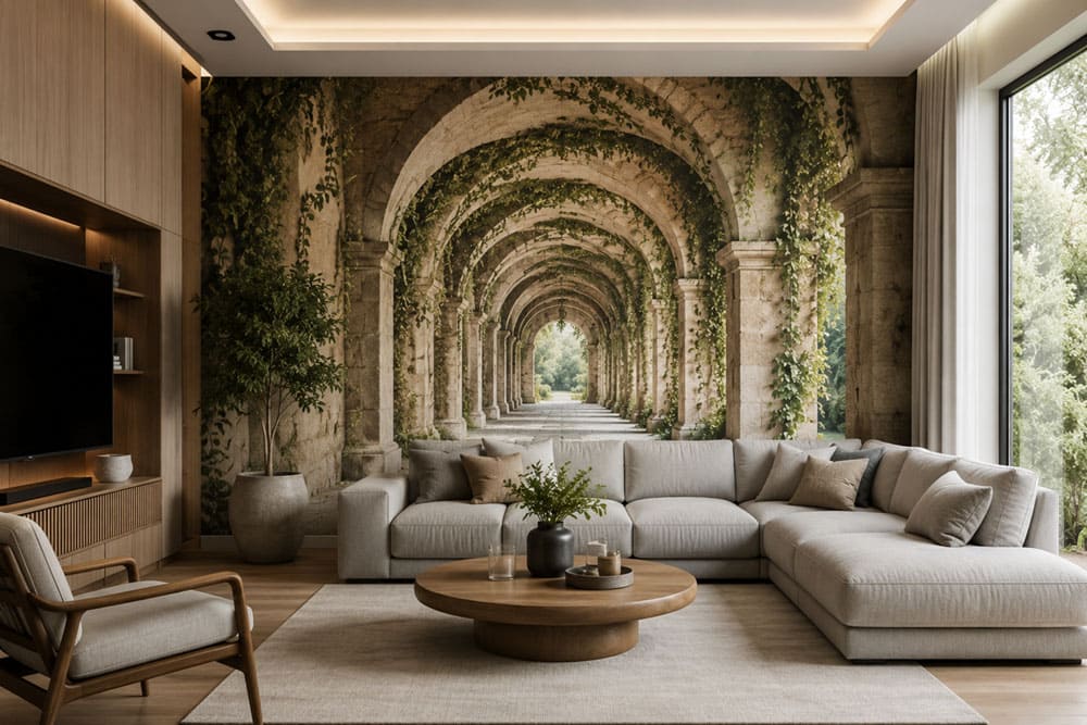 3D-Fototapete mit Tiefenwirkung in einem modernen Wohnzimmer