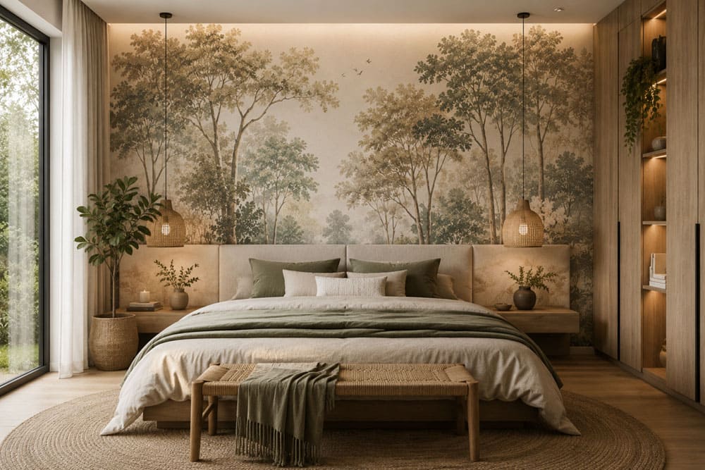 Von der Natur inspirierte Tapete in neutralen Farbtönen an der Wand hinter einem Bett als Beispiel für einen führenden Tapetentrend 2026